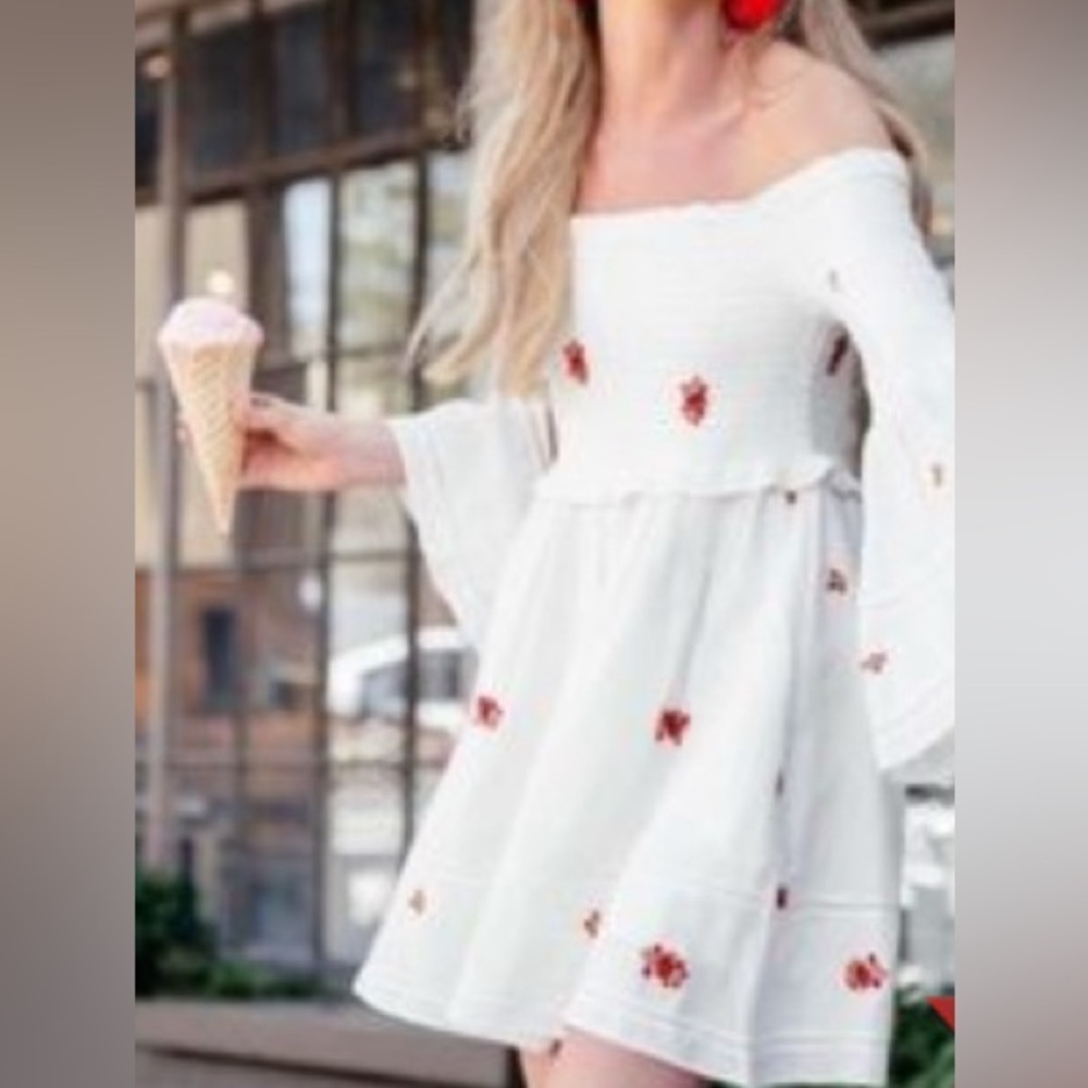 Free People Counting Daisies Off-Shoulder Embroidered Mini Dress Ivory Size S